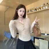 修身 春季 0205k 女绝美好看内搭打底衫 别漂亮 蕾丝t恤法式 V领长袖