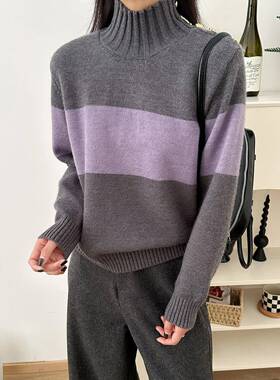 拼色加厚毛衣女2025冬季新款高领宽松慵懒风针织打底衫韩1122h