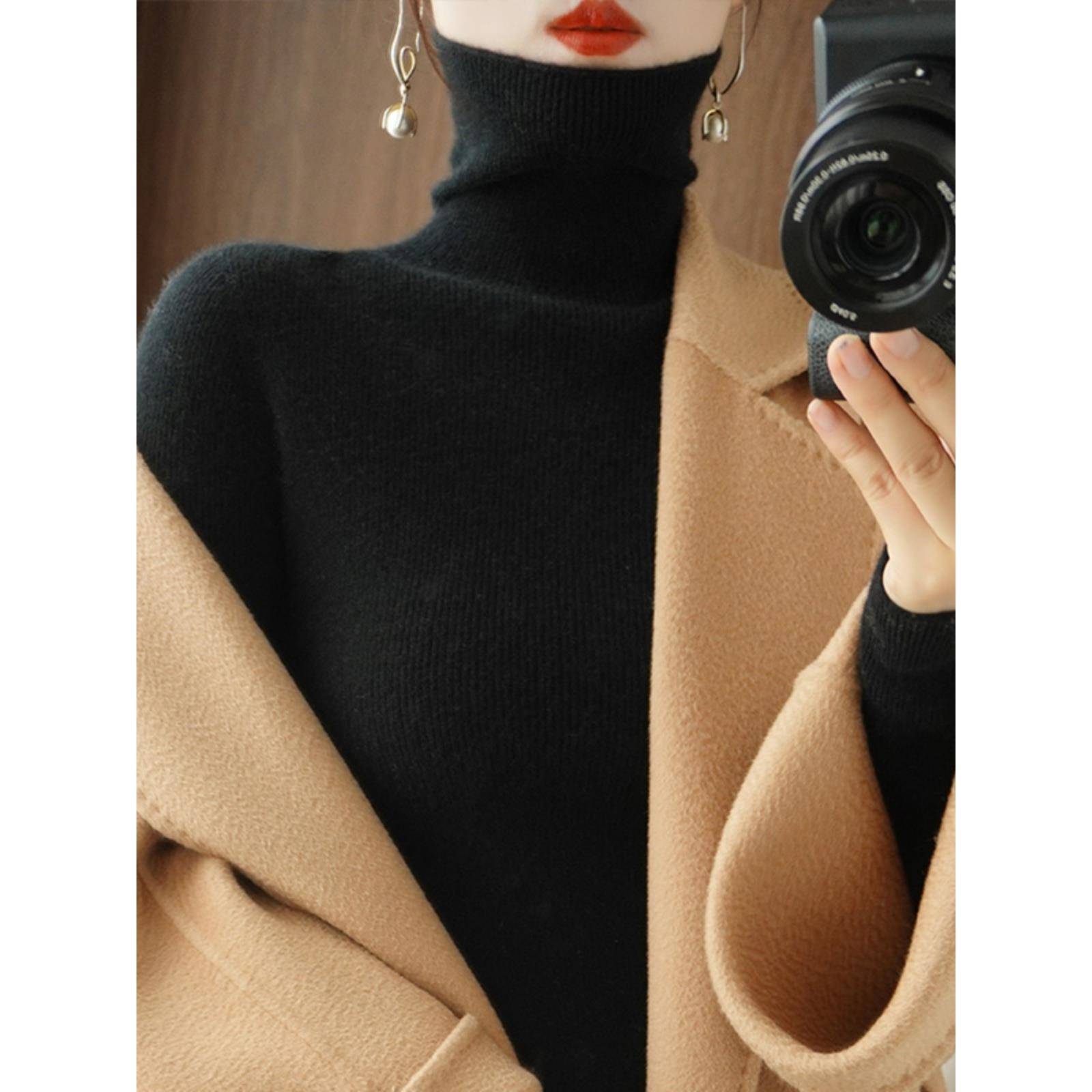 时尚2025秋冬新款优雅高领针织女式下装衬衫修身增厚1206h