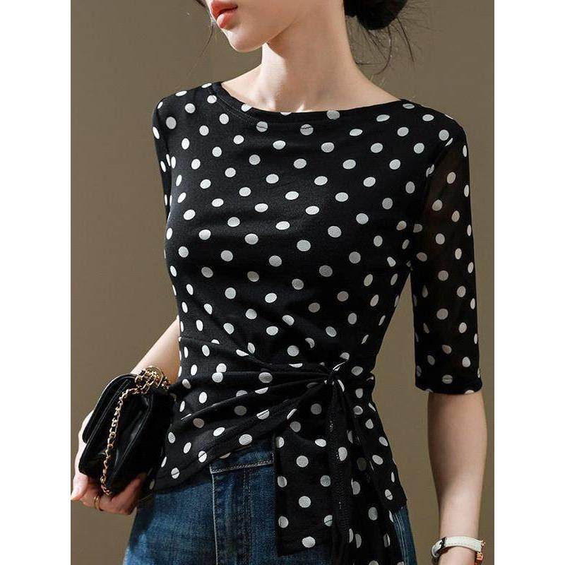 时尚波点网纱打底衫女2026春季新款气质一字领绑带收腰五分0108h