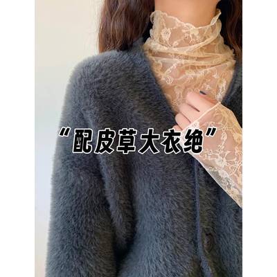 法式高领蕾丝打底衫女秋冬大衣毛衣内搭小衫高级感网纱上衣1125e