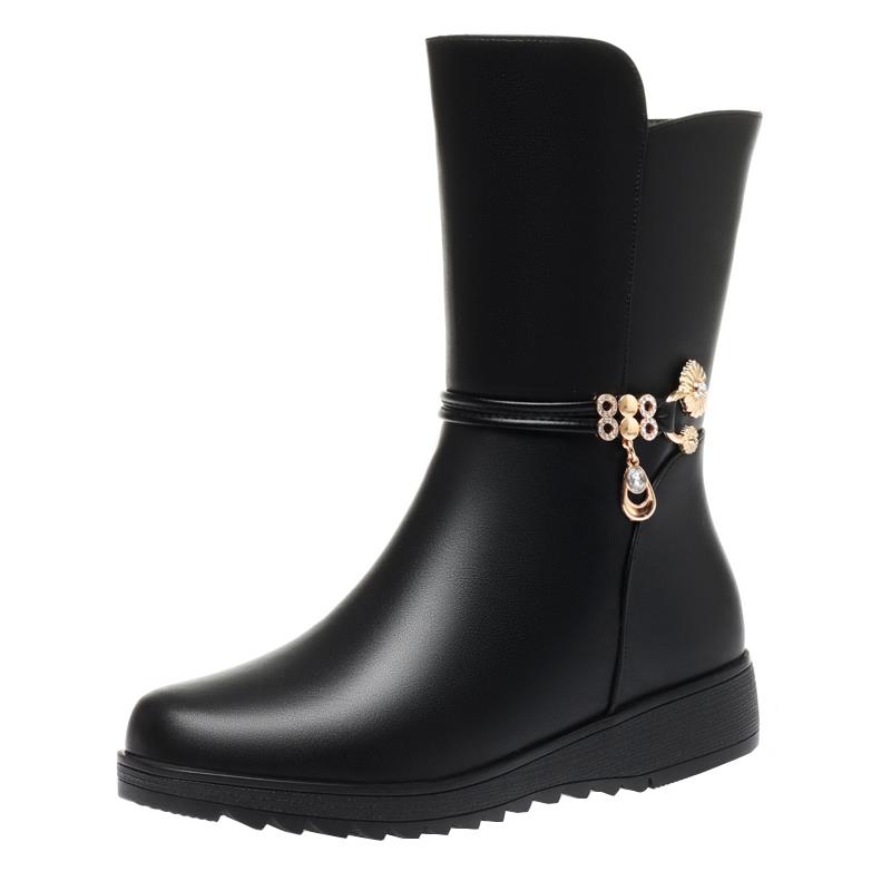 靴子女2025新款爆款软底加绒中年妈妈鞋中筒靴中老年平底老1102h