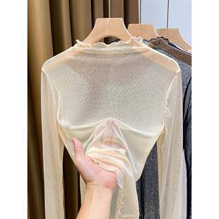 春高领波卡圆点蕾丝底衬衫2026新毛衣与薄纱层的网眼上衣0204rd