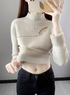 高领毛衣女加绒加厚保暖弹力内搭一体绒针织打底衫钉珠镂空1122h