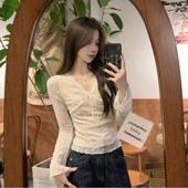 蕾丝t恤法式 蝴蝶结V领长袖 女性感辣妹修身 春季 短款 百搭打底0205k