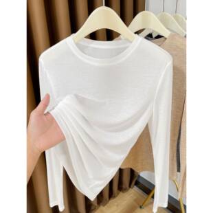 白色春夏薄款针织打底衫女2026新款面膜T恤长袖圆领软糯内搭0228e