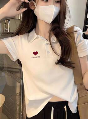 白色Polo领棉质短袖T恤女夏季2026新款修身显瘦印花正肩T恤0203r1