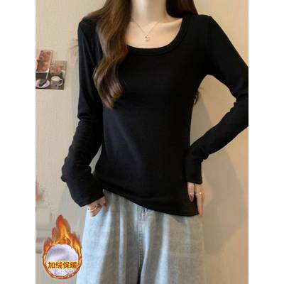 秋冬季大码黑色低领打底衫2025新款女加绒加厚内搭修身长袖1112n