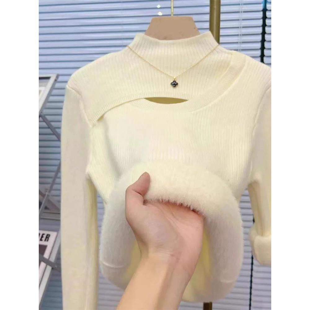 保暖内衣女加绒加厚打底衫秋冬设计感钉珠一体绒毛衣内搭保1121e