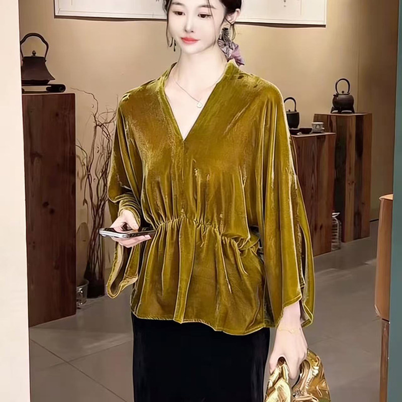 100%桑蚕丝真丝丝绒蝙蝠袖Ｖ领衬衫2026早春新款遮肚子上衣,女装/女士精品,真丝上装,淘宝优惠券,粉丝福利购,淘宝优惠卷