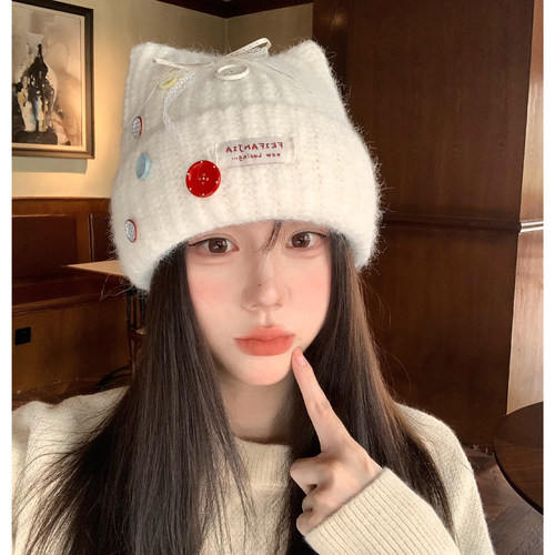 保暖帽子甜美可爱猫耳朵毛线帽女秋季韩系纽扣装饰显脸小针1008e