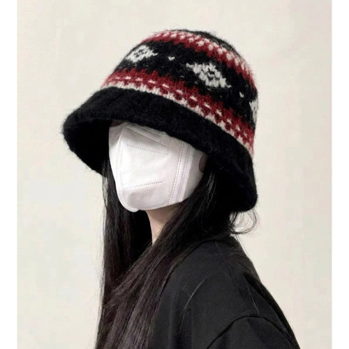 保暖帽子费尔岛风撞色针织渔夫帽女秋冬季韩系护耳显脸小百1008e