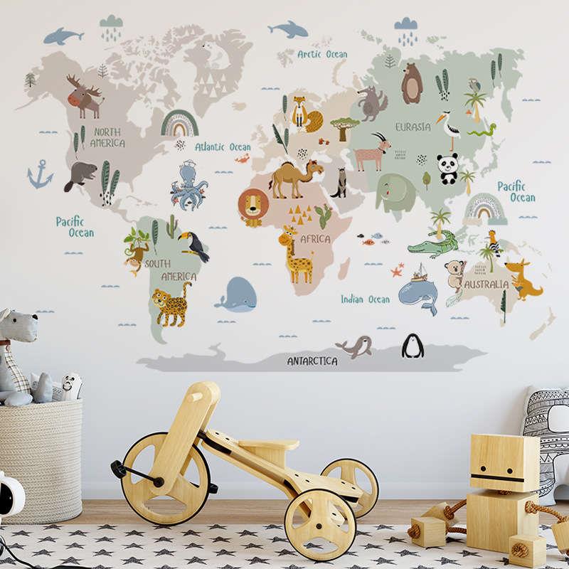 Cartoon World Map Animals Theme Educational Wall Stickers