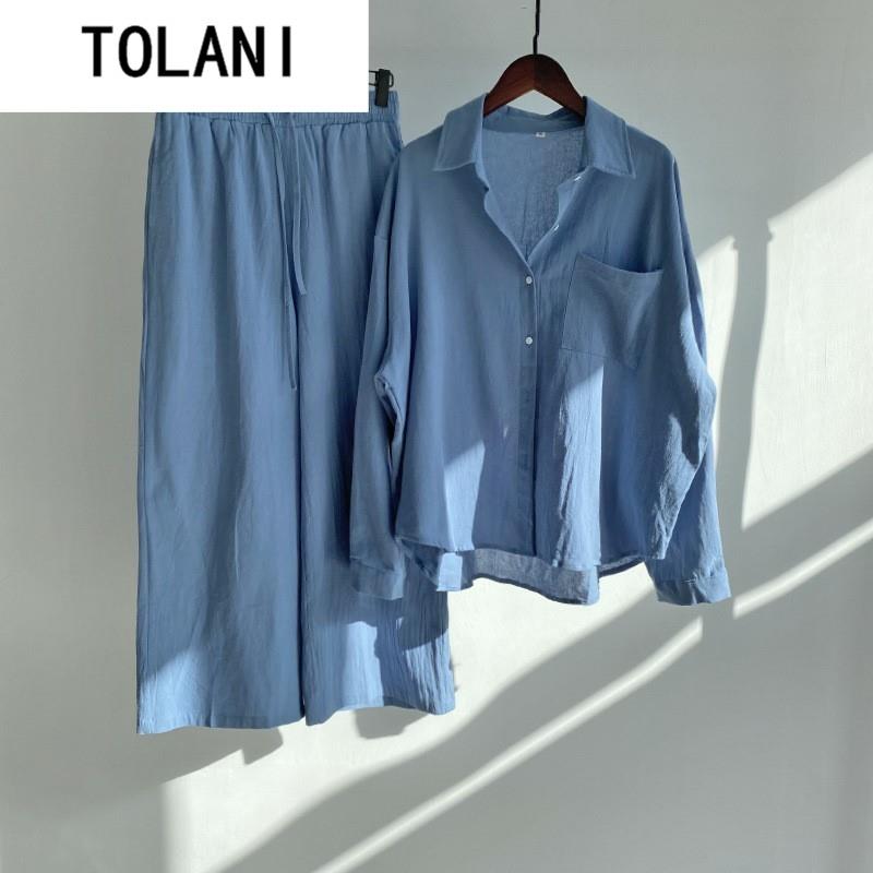 Ladies 2 Piece Set 2022 Cotton Linen Shirt Suit Loose Pants