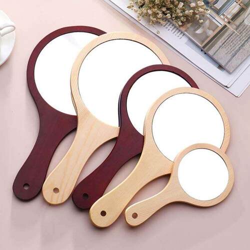 Round Wood Vintage Hand Mirror Makeup Vanity Mirror Portable
