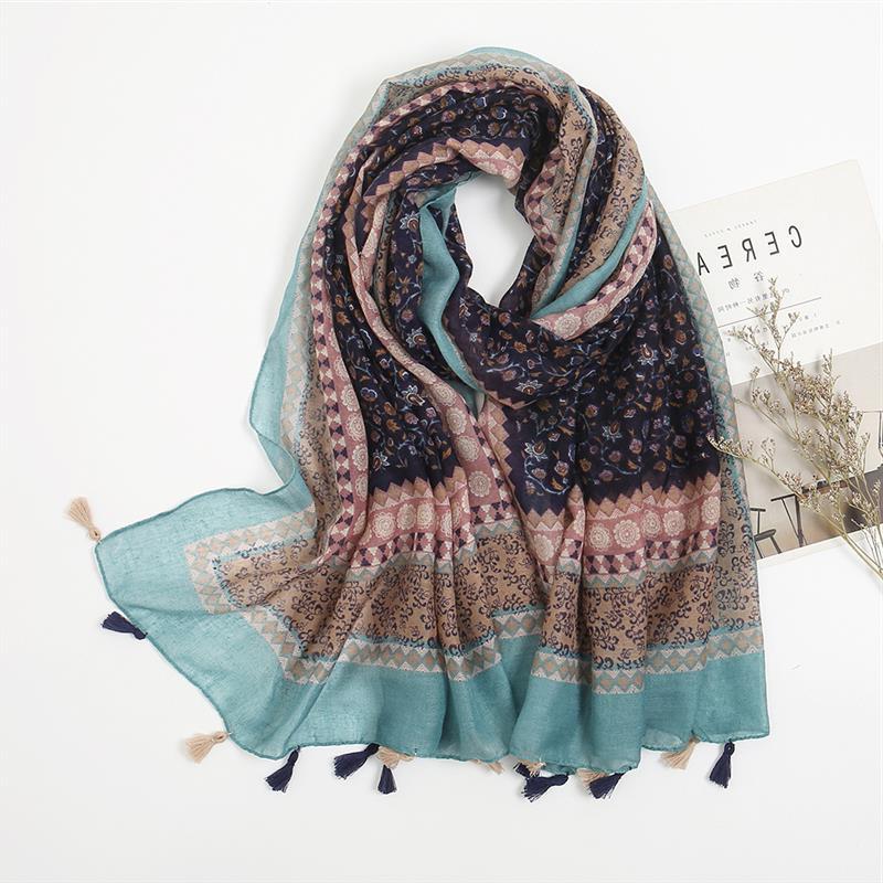 Cotton and linen ethnic style retro printed geometric scarf
