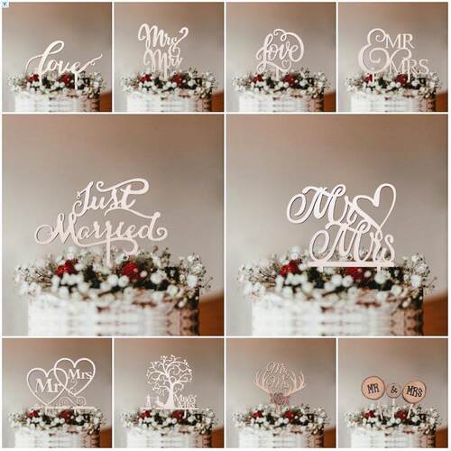 1Pcs Wooden Love Just Married Mr&Mrs Cake Topper DIY Wedding