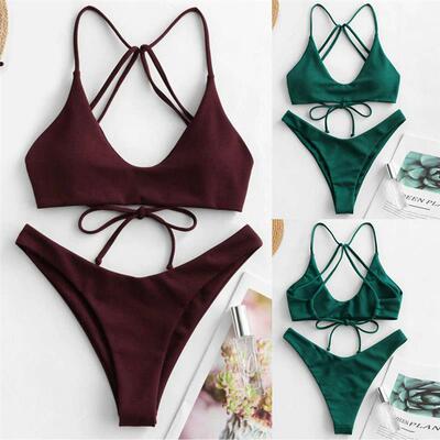 2025欧美性感纯色分体泳衣比基尼Solid color twopiece swimsuit