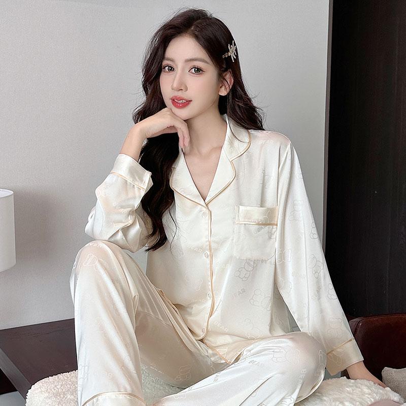 睡衣女夏季冰丝长袖带胸垫春秋薄款女士丝绸缎面高级感家居服套装