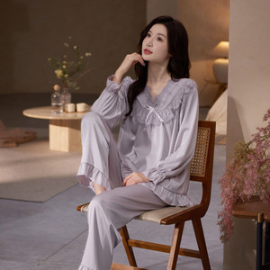 睡衣女女夏季冰丝长袖春秋薄款女士性感蕾丝丝绸高级感家居服套装