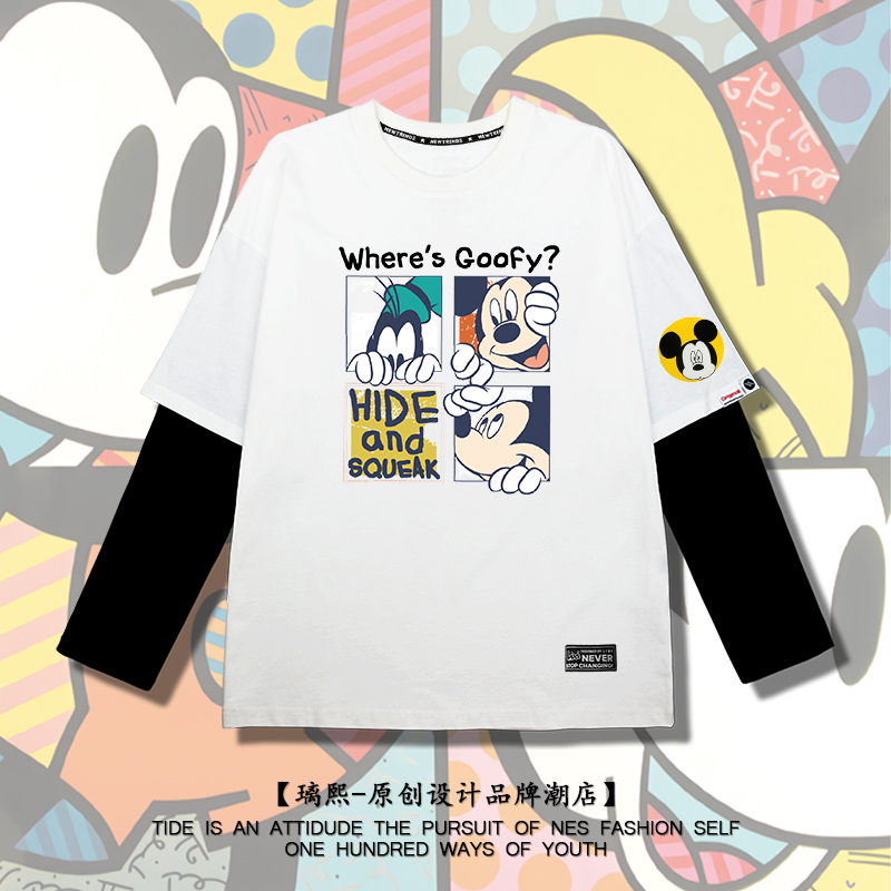 情侣装假两件长袖t恤宽松衣服