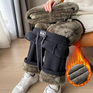 特厚羊羔绒阔腿裤女冬季加绒加厚新款大码女裤胖mm显瘦宽松直筒裤