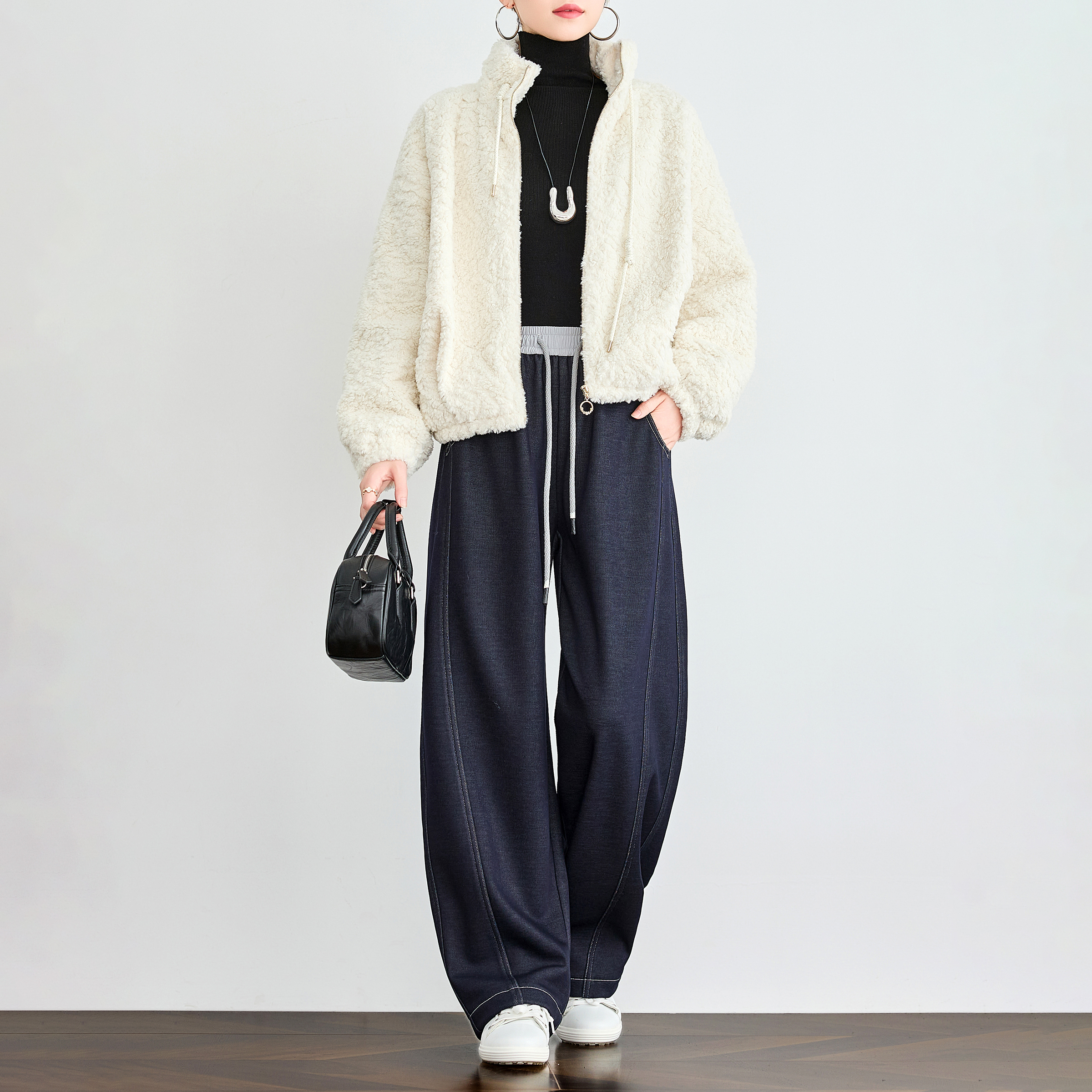 松紧腰拼接加绒阔腿休闲裤女
