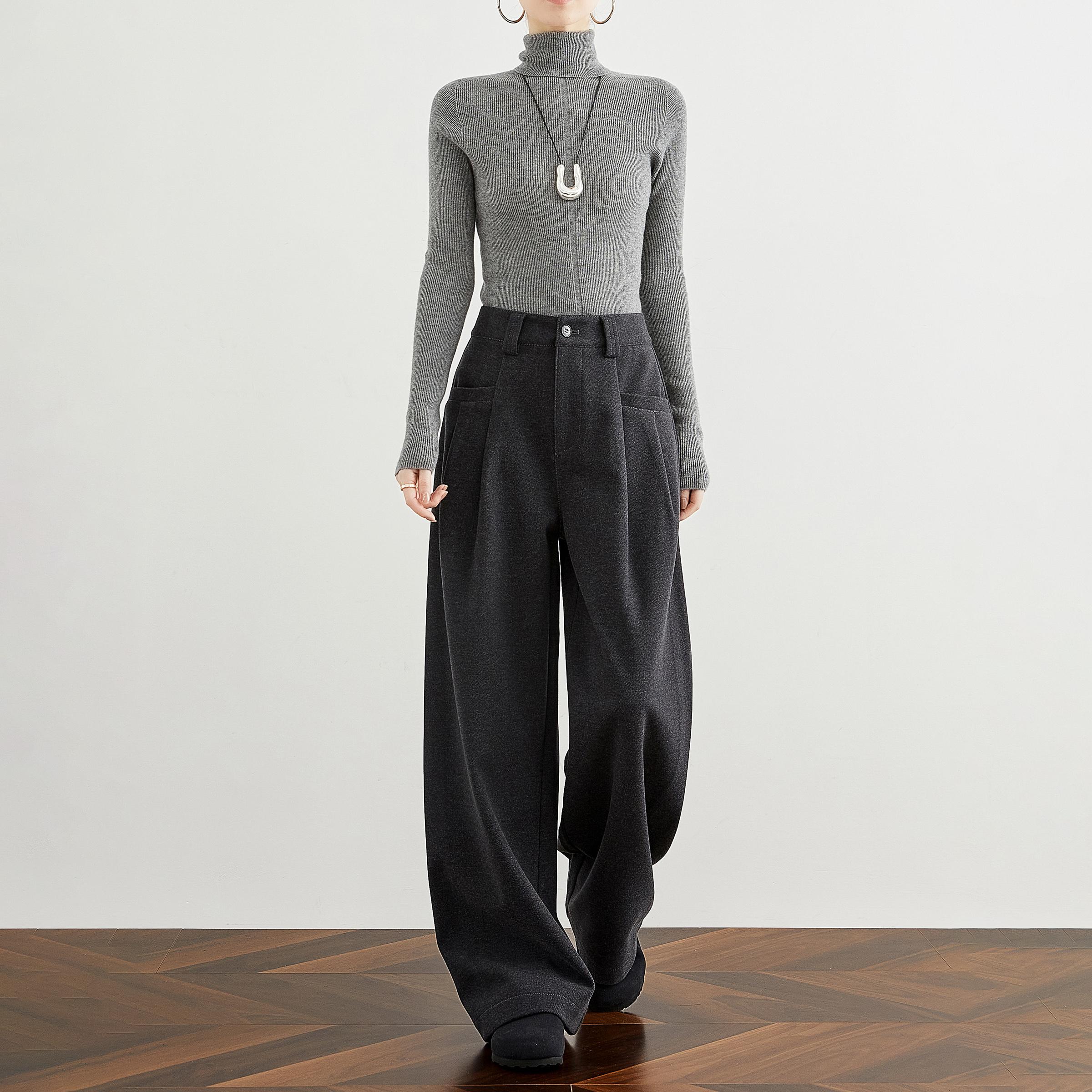 奕兮毛呢阔腿裤小个子冬季休闲裤