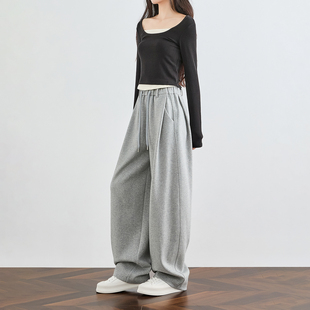 松紧腰梨形身材宽松阔腿运动裤 镰刀裤 女春 窄版 奕兮小个子灰色卫裤