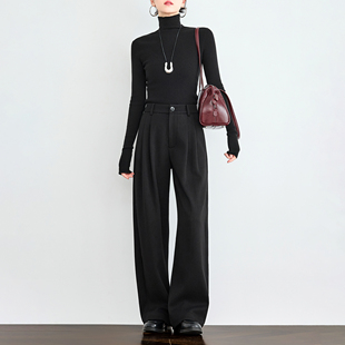 黑色阔腿裤 奕兮小个子加厚西装 女高腰显瘦直筒裤 秋冬加绒休闲裤 裤