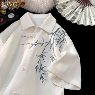 高级感新中式 白色短袖 男潮牌夏季 衬衫 国风宽松衬衣男刺绣汉服唐装