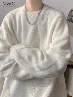 菱格圆领毛衣男秋冬季加厚宽松慵懒风内搭重磅针织打底衫保暖上衣