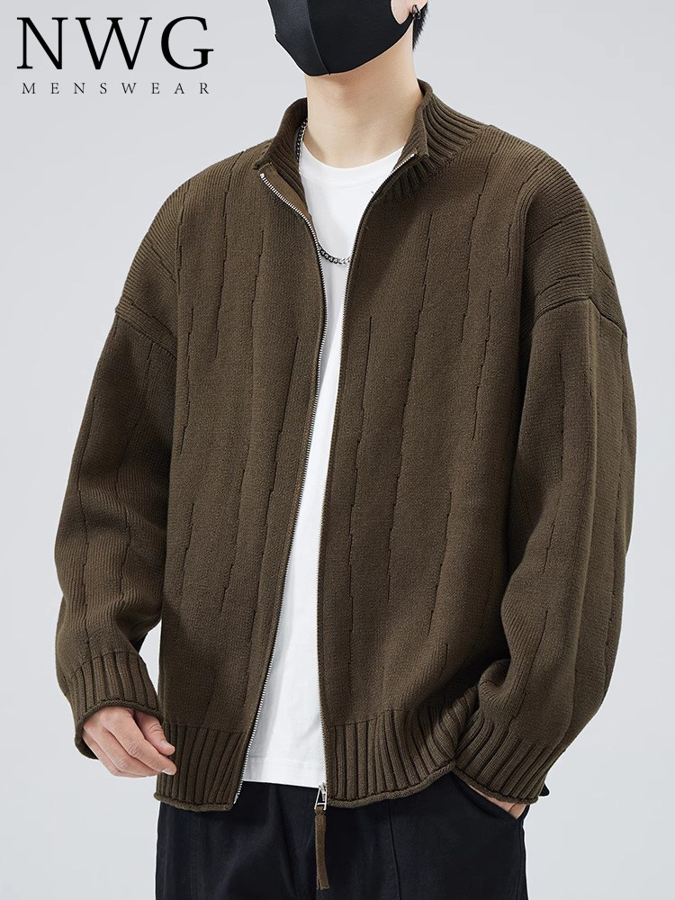 立领针织开衫外套男潮牌秋冬款加厚慵懒风宽松外穿毛衣男休闲夹克