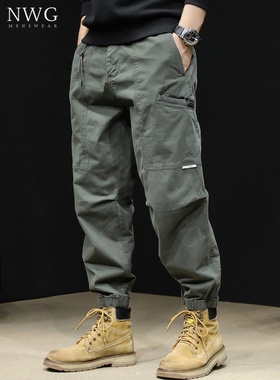 军绿色工装裤男春秋季2025新款美式宽松束脚哈伦裤子男士休闲长裤