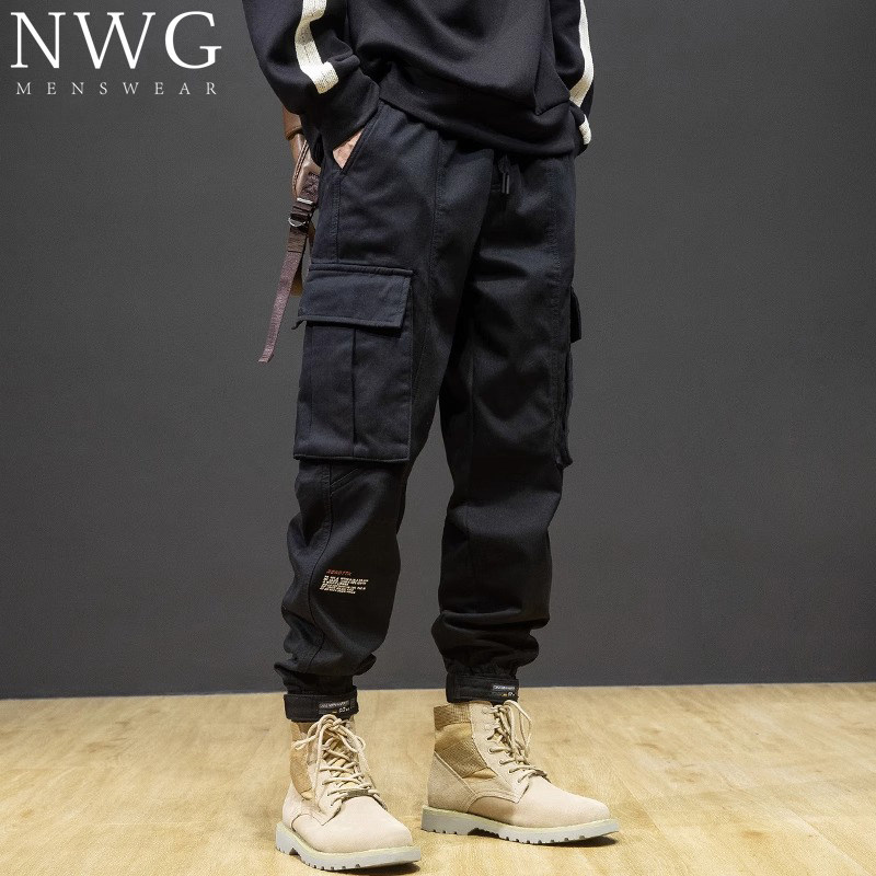 黑色工装裤男潮牌秋冬款加绒宽松大码束脚锥形裤子男美式休闲长裤