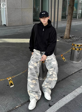 浅黄色迷彩工装裤男潮牌春秋季宽松直筒阔腿裤子美式高街休闲长裤