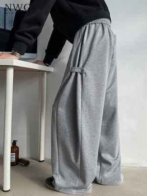 灰色解构弯刀卫裤男秋冬季加绒加厚宽松直筒阔腿裤子重磅休闲长裤