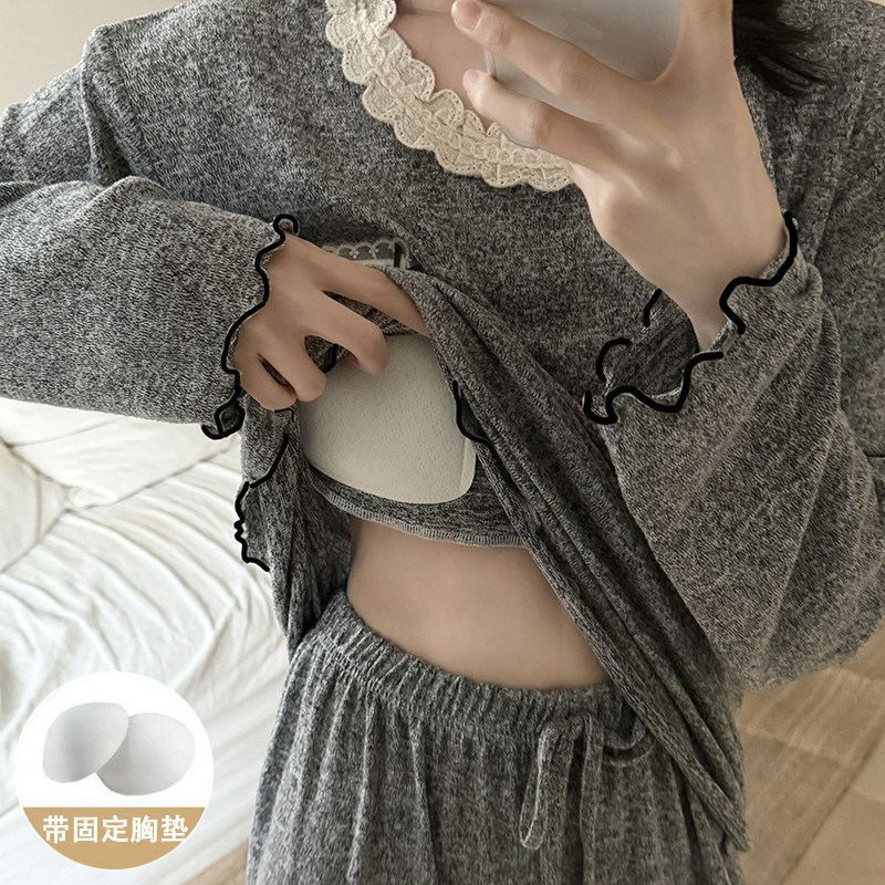 春秋季带胸垫睡衣女2026新款套装纯色可爱蕾丝彩棉宽松休闲家居服,女士内衣/男士内衣/家居服,睡衣/家居服套装,淘宝优惠券,粉丝福利购,淘宝优惠卷