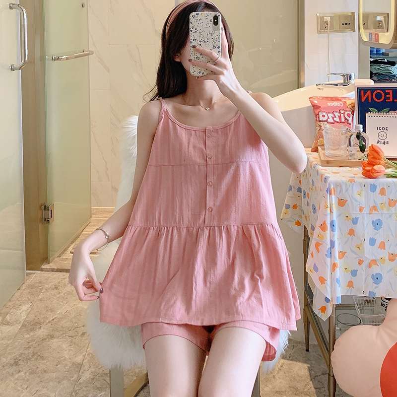 透明纯棉睡衣女新款夏季大码甜美吊带学生短裤两件套装背心家居服