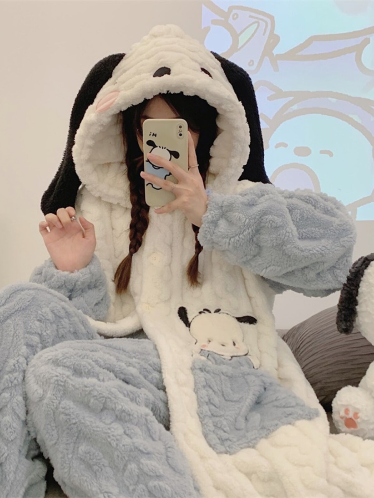 NIGHTGOWN WOMENS AUTUMN WINTER THICKENED CORAL VELVET CUTE HOODED BATHROBE WARM VELVET FLANNEL POCKET PAJAMA SET