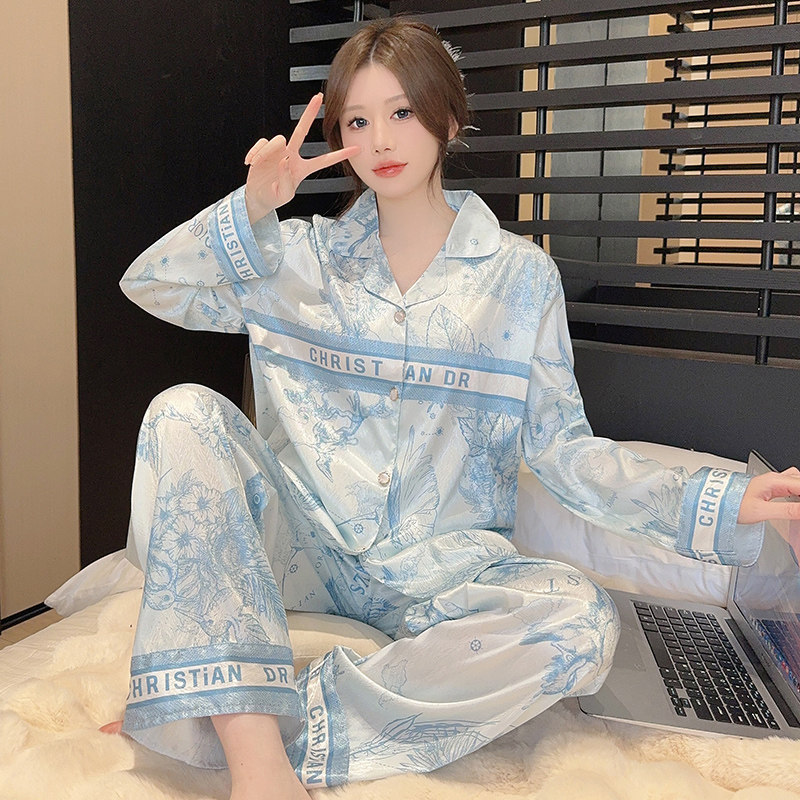 春秋季新款冰丝睡衣女长袖韩版学生可爱家居服开衫翻领可外穿套装