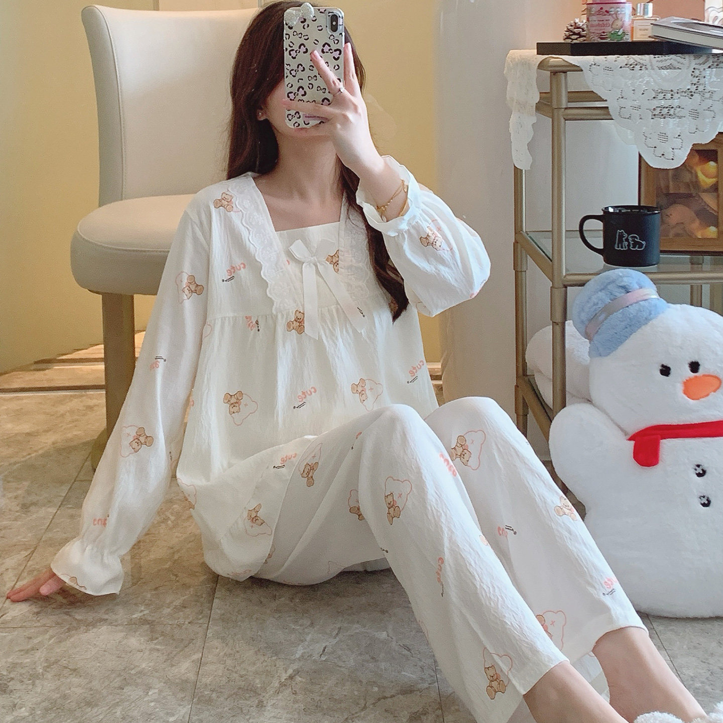 网红春秋长袖睡衣女蕾丝花边夏季薄款小香风甜美可外穿家居服套装