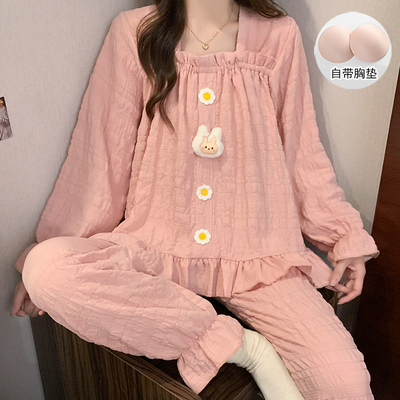 长袖睡衣女春秋款带胸垫可爱套装