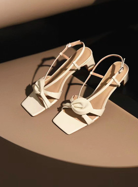 WESLIEN ROWE外贸原单真皮凉鞋女马蹄莲中粗跟仙女风夏季2024新款