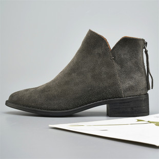 德芙琳正品短靴子女鞋 中跟粗跟软真鹿皮软底春秋季单靴磨砂 新款