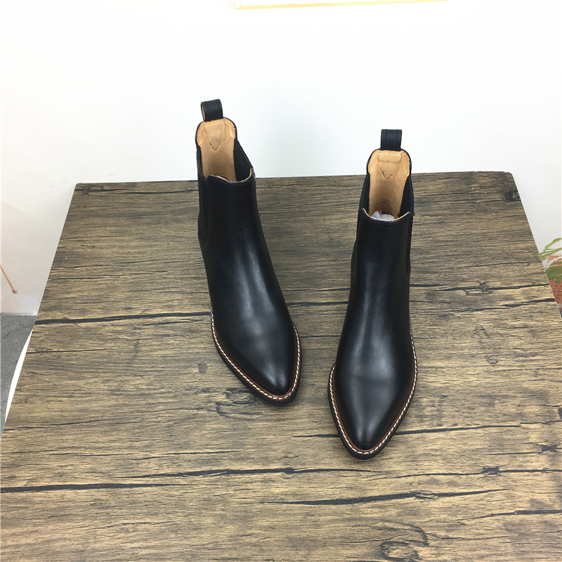 DEVRIEN CHELSEA BOOTS WOMENS ANKLES REAL DEERSKIN POINTED-TOE BLOCK HEEL MID-HEEL RETRO SPRING-AUTUMN SINGLE 2024 NEW
