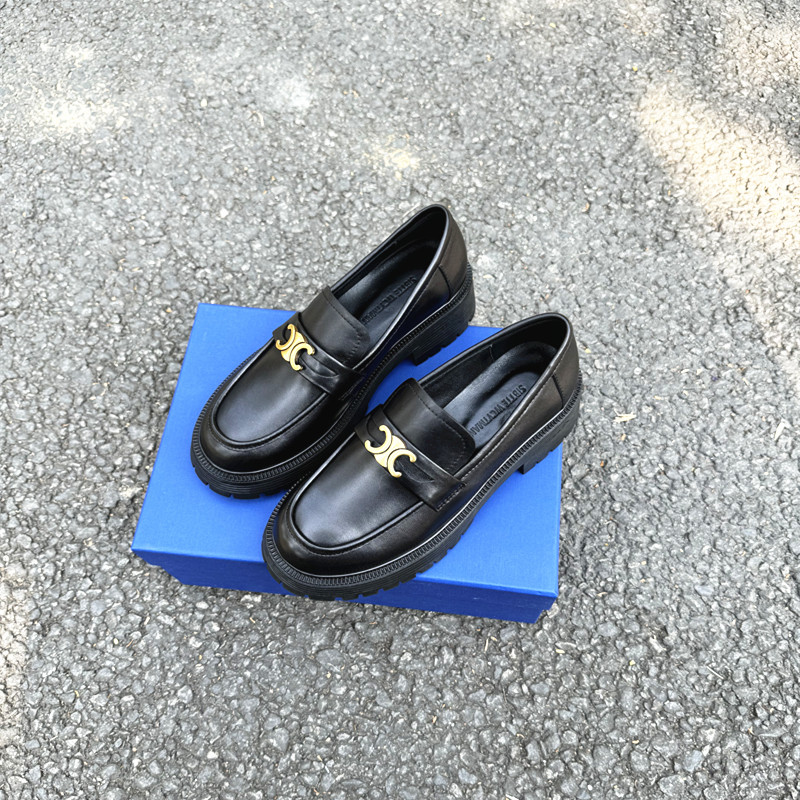 时尚厚底粗跟真皮圆头乐福鞋