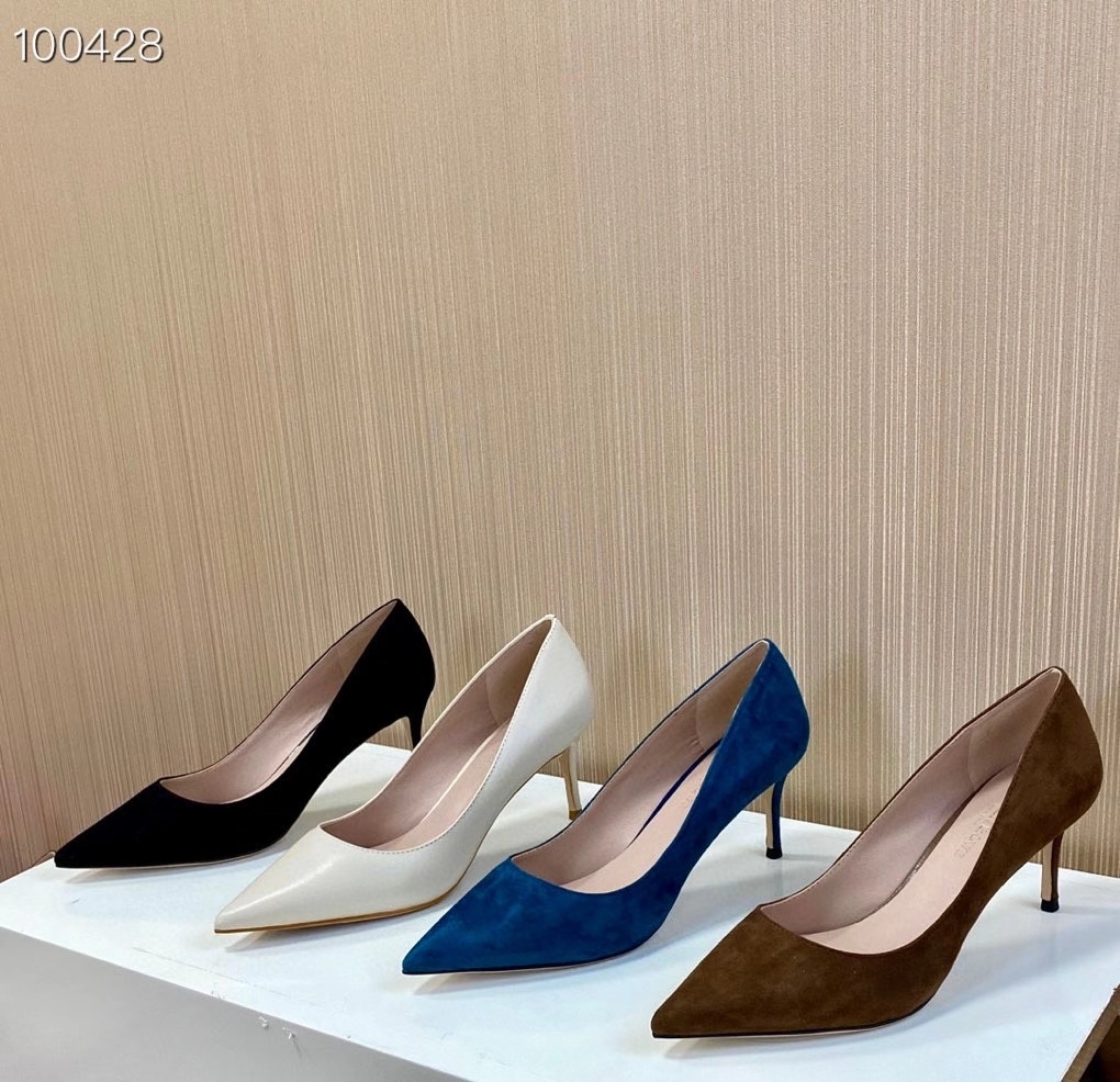 春季显瘦羊皮细跟尖头浅口高跟鞋