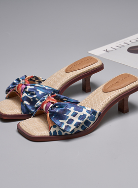 KACEY DEVLIN外贸原单一字凉拖鞋女外穿粗跟高跟真鹿皮蝴蝶结夏季