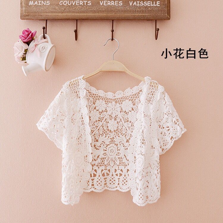 Áo Choàng Nhỏ Phối Bên Ngoài Mẫu Ngắn Mùa Hè Áo Choàng Tay Ngắn Có Lỗ Mẫu Mỏng Áo Khoác Nữ Cardigan Ren Áo Chống Nắng